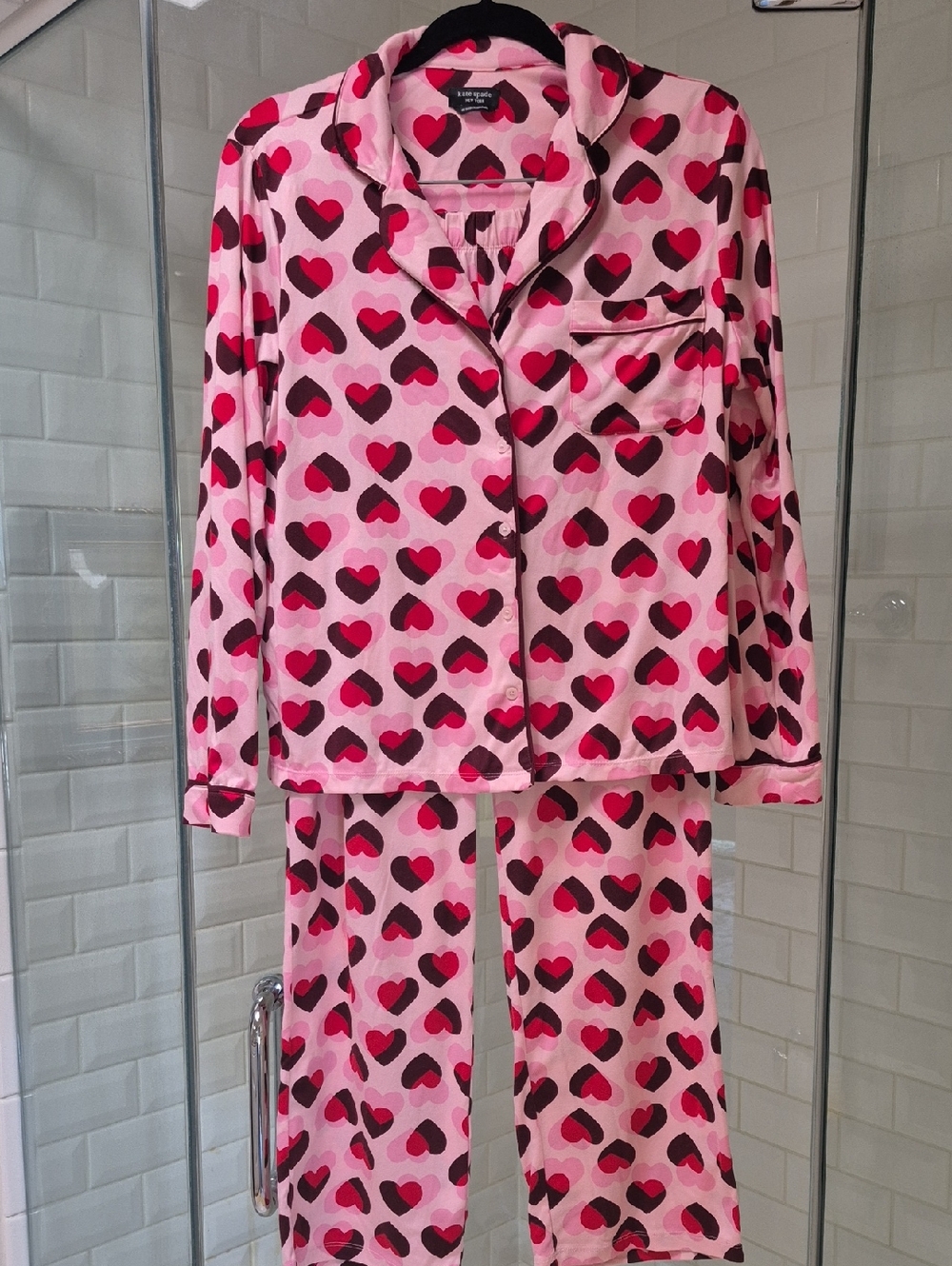 Kate Spade Pink, Red, Burgundy Heart PJs Button Front Top Long Pants Sz. M